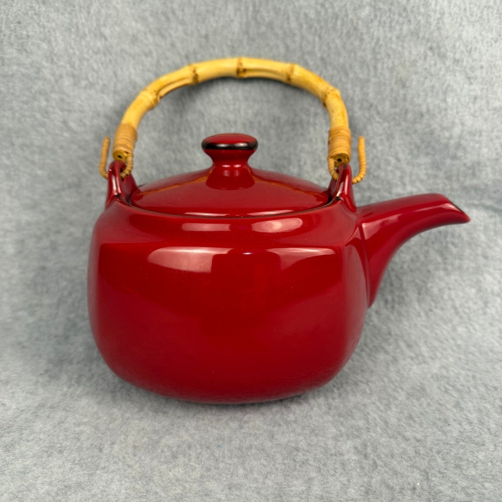 Vtg Southern Living Teapot Unisex Small Red Bamboo Handle Ceramic Glossy Finish
